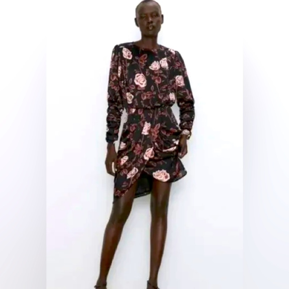 Zara Ruched Long Sleeve Rose Print Mini Asymmetrical Dress NWOT